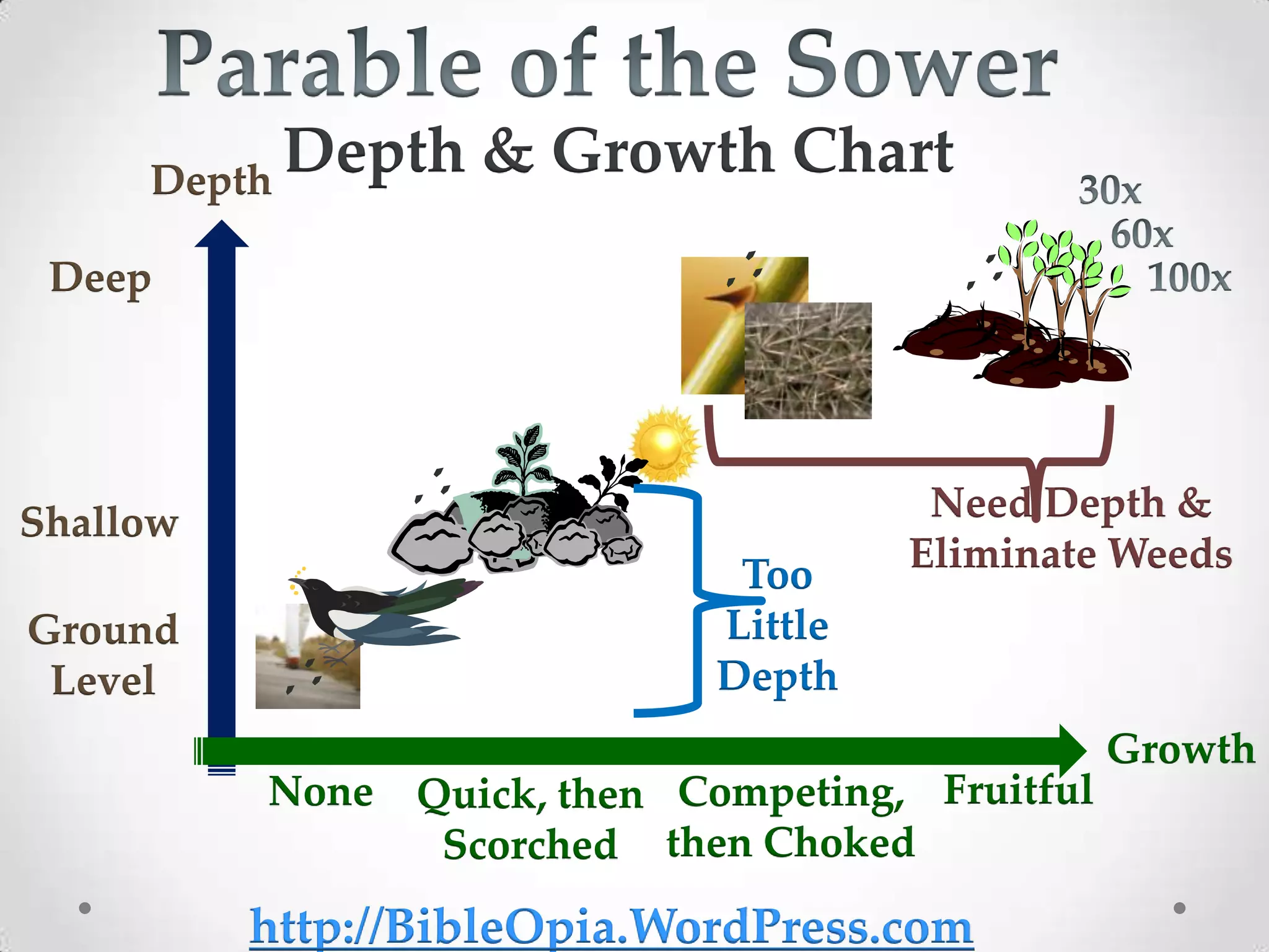 Depth
             Depth & Growth Chart
 Deep




Shallow                                 Need Depth &
                               Too     Eliminate Weeds
Ground                        Little
 Level                        Depth
                                                   Growth
          None   Quick, then Competing, Fruitful
                  Scorched then Choked
          http://BibleOpia.WordPress.com
 