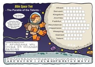Bible Space Trek                  Afraid
- The Parable of the Talents -                       Servant

                 Read Matthew                        Kingdom
                  25:14–30.
                                                     Journey
      Using the chart                               Faithful
   below, convert these
     English words into                           Abundance
    the alien language,
         Kloxnius.                                Happiness
                                                     Weeping

                                                      Gained
                                                       Talent

Translate the following proverb:




Proverbs 28:20 NIV




  A B C                D E F G H        I   J K L M NOP Q R S T U V   W X Y Z
 