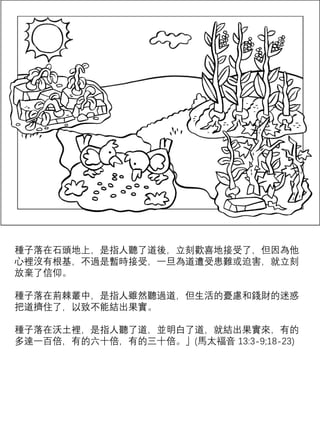 種子落在石頭地上，是指人聽了道後，立刻歡喜地接受了，但因為他
心裡沒有根基，不過是暫時接受，一旦為道遭受患難或迫害，就立刻
放棄了信仰。
種子落在荊棘叢中，是指人雖然聽過道，但生活的憂慮和錢財的迷惑
把道擠住了，以致不能結出果實。
種子落在沃土裡，是指人聽了道，並明白了道，就結出果實來，有的
多達一百倍，有的六十倍，有的三十倍。」(馬太福音 13:3-9;18-23)
 