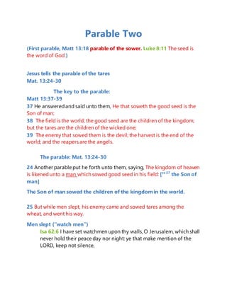 Parable Two
(First parable, Matt 13:18 parable of the sower. Luke 8:11 The seed is
the word of God.)
Jesus tells the parable of the tares
Mat. 13:24-30
The key to the parable:
Matt 13:37-39
37 He answeredand said unto them, He that soweth the good seed is the
Son of man;
38 The field is the world; the good seed are the children of the kingdom;
but the tares are the children of the wicked one;
39 The enemy that sowed them is the devil; the harvest is the end of the
world; and the reapers are the angels.
The parable: Mat. 13:24-30
24 Another parable put he forth unto them, saying, The kingdom of heaven
is likenedunto a man which sowed good seed in his field: [vs 37
the Son of
man]
The Son of man sowed the children of the kingdomin the world.
25 But while men slept, his enemy came and sowed tares among the
wheat, and went his way.
Men slept (“watch men”)
Isa 62:6 I have set watchmen upon thy walls, O Jerusalem, which shall
never hold their peace day nor night: ye that make mention of the
LORD, keep not silence,
 