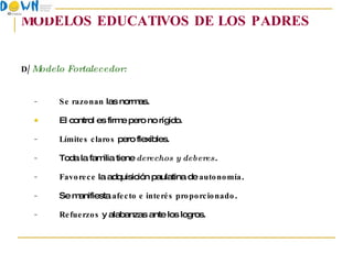 MODELOS EDUCATIVOS DE LOS PADRES D/   Modelo Fortalecedor: Se razonan  las normas.  El control es firme pero no rígido. Límites claros  pero flexibles. Toda la familia tiene  derechos y deberes . Favorece  la adquisición paulatina de  autonomía . Se manifiesta  afecto e interés proporcionado . Refuerzos  y alabanzas ante los logros. 
