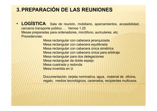 3.PREPARACIÓN DE LAS REUNIONES
• LOGÍSTICA: Sala de reunión, mobiliario, aparcamientos, accesibilidad,
cercanía transporte público … Vemos 1.25
Mesas preparadas para ordenadores, micrófono, auriculares, etc.
Precedencias:
Mesa rectangular con cabecera jerarquizada
Mesa rectangular con cabecera equilibrada
Mesa rectangular con cabecera única simétrica
Mesa rectangular con cabecera única para arbitraje
Mesa rectangular para dos delegacionesMesa rectangular para dos delegaciones
Mesa rectangular de doble espejo
Mesa cuadrada y redonda
Mesa invertida en U
Documentación, tarjeta nominativa, agua, material de oficina,
regalo, medios tecnológicos, caramelos, recipientes multiusos.
 