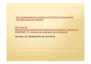 http://www.dip-
palencia.es/export/sites/diputacion/galerias/documentacion_migracion/117
4474075227_1.4_sistemas_de_ordenacixn_de_invitados.pdf
https://protocoloalavista.wordpress.com/2012/07/11/nunca-esta-de-
mas-saber-mesas-en-cuadrado/
4474075227_1.4_sistemas_de_ordenacixn_de_invitados.pdf
SISTEMA DE ORDENACIÓN DE INVITADOS
 