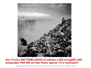 Das 13 mil e 800 TONELADAS (13 milhões e 800 mil kg)DE LIXO produzidas POR DIA em São Paulo, apenas 1% é reciclada!!!  