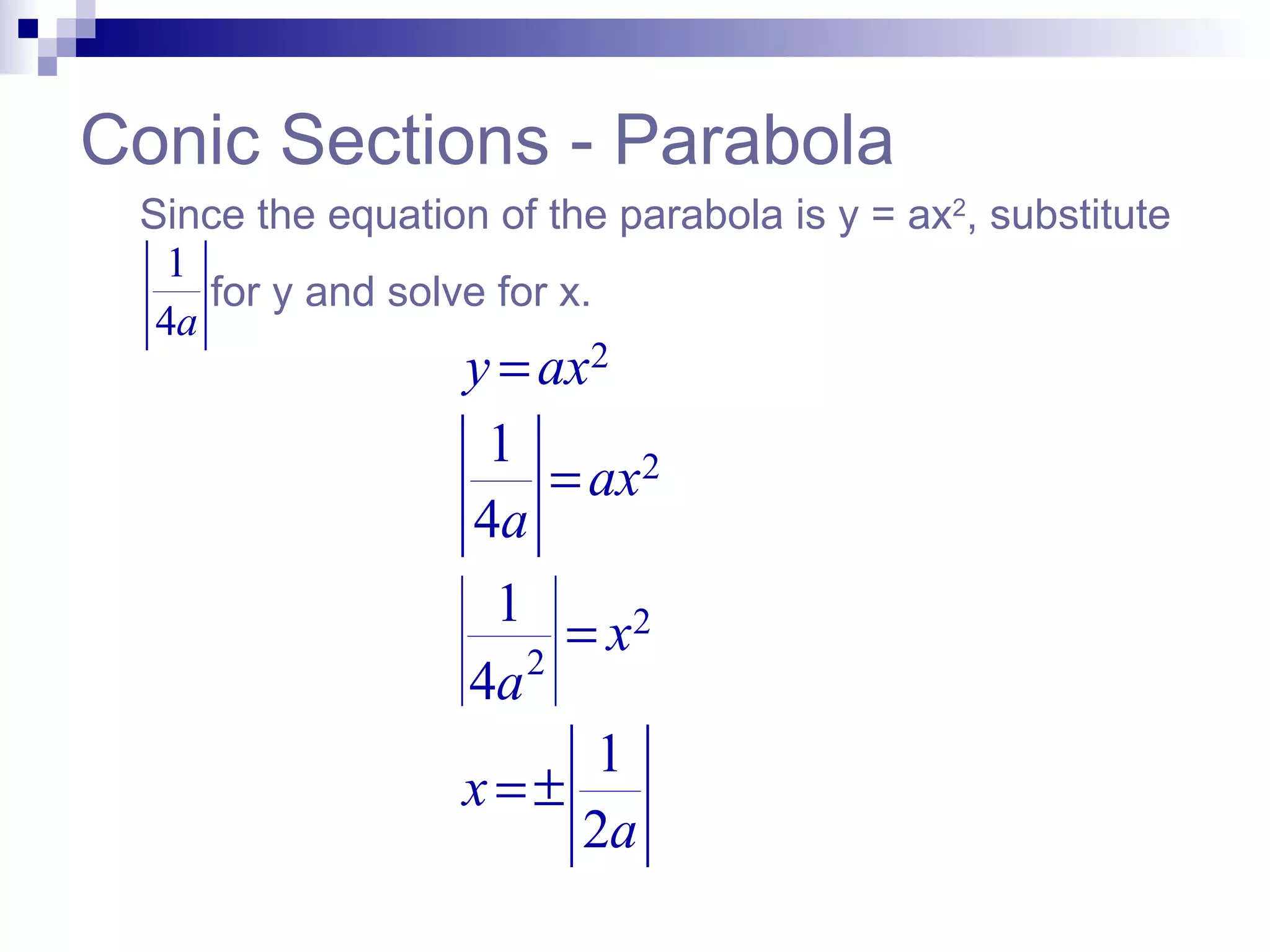 Conic Sections - Parabola Since the equation of the parabola is y = ax 2 , substitute for y and solve for x. 