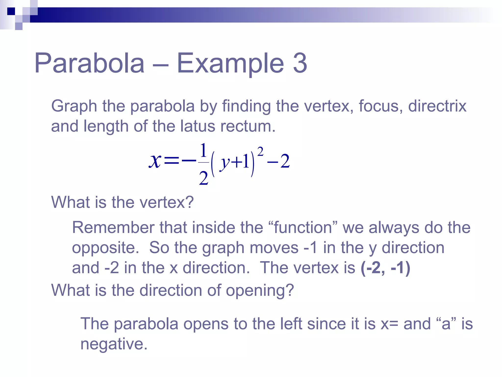 Parabola – Example 3 Graph the parabola by finding the vertex, focus, directrix and length of the latus rectum.  What is the vertex?  Remember that inside the “function” we always do the opposite.  So the graph moves -1 in the y direction  and -2 in the x direction.  The vertex is  (-2, -1)   What is the direction of opening?  The parabola opens to the left since it is x= and “a” is negative.  