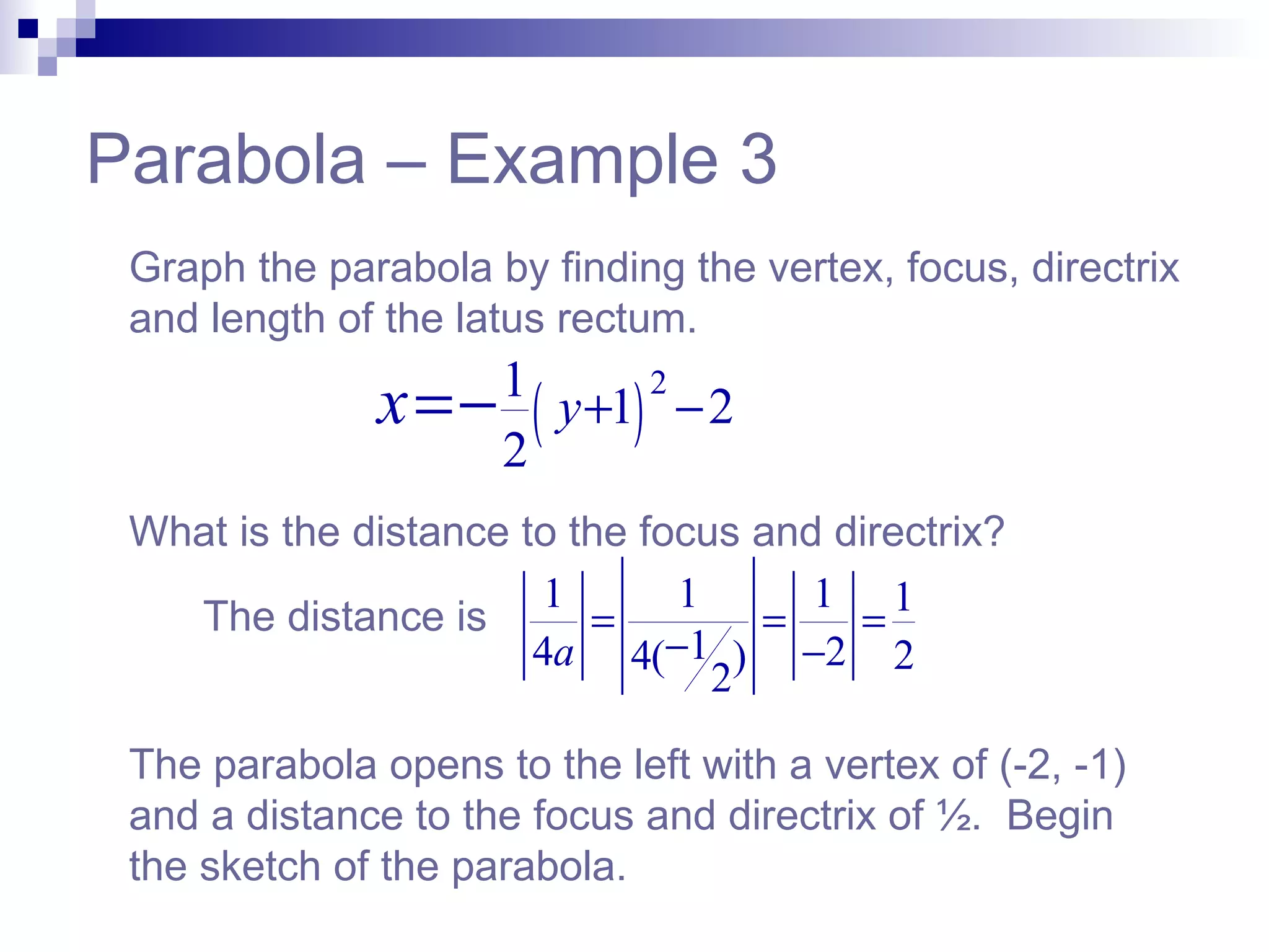 Parabola – Example 3 Graph the parabola by finding the vertex, focus, directrix and length of the latus rectum.  What is the distance to the focus and directrix?  The distance is  The parabola opens to the left with a vertex of (-2, -1) and a distance to the focus and directrix of ½.  Begin the sketch of the parabola.  