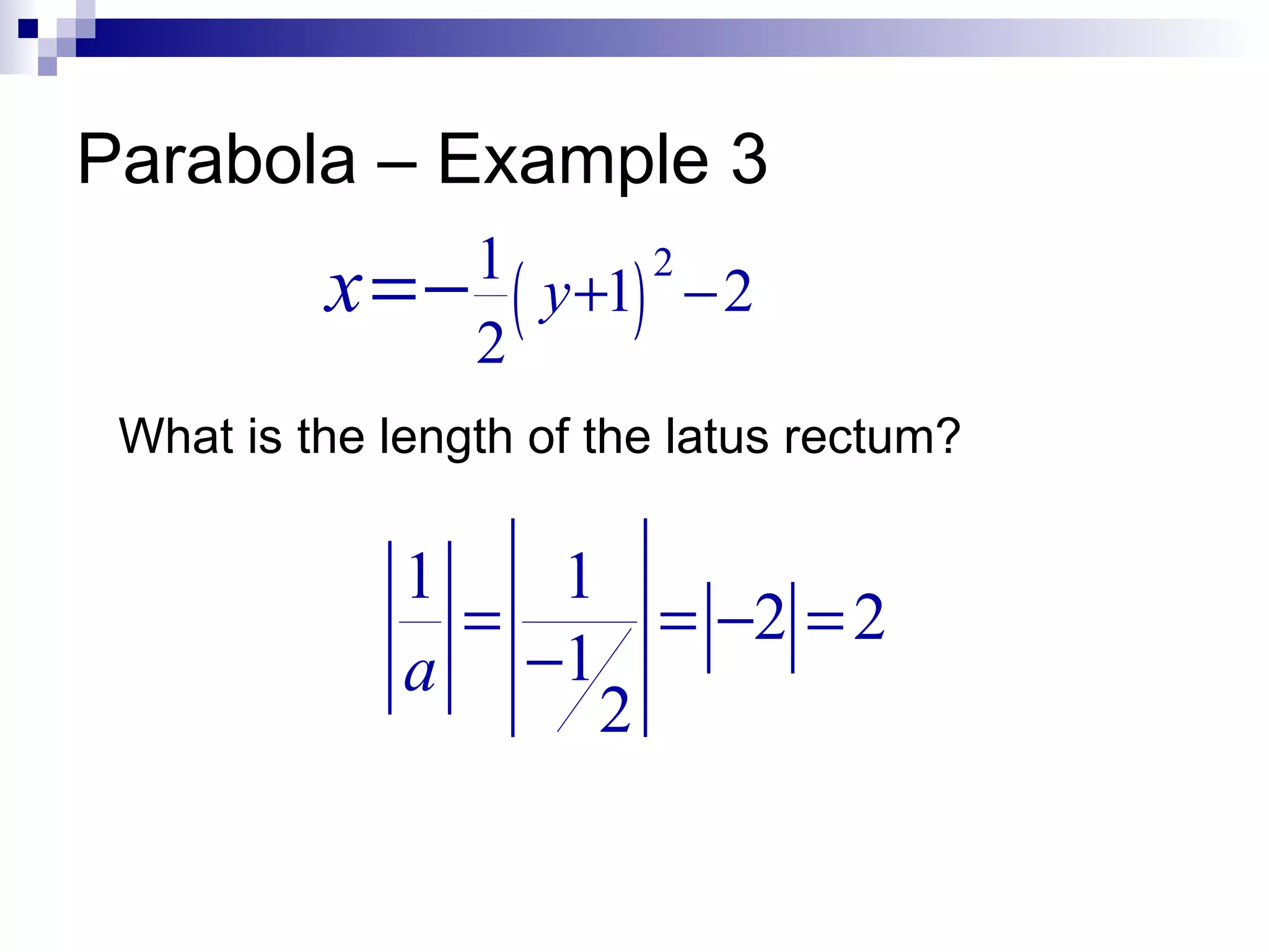 Parabola – Example 3 What is the length of the latus rectum? 