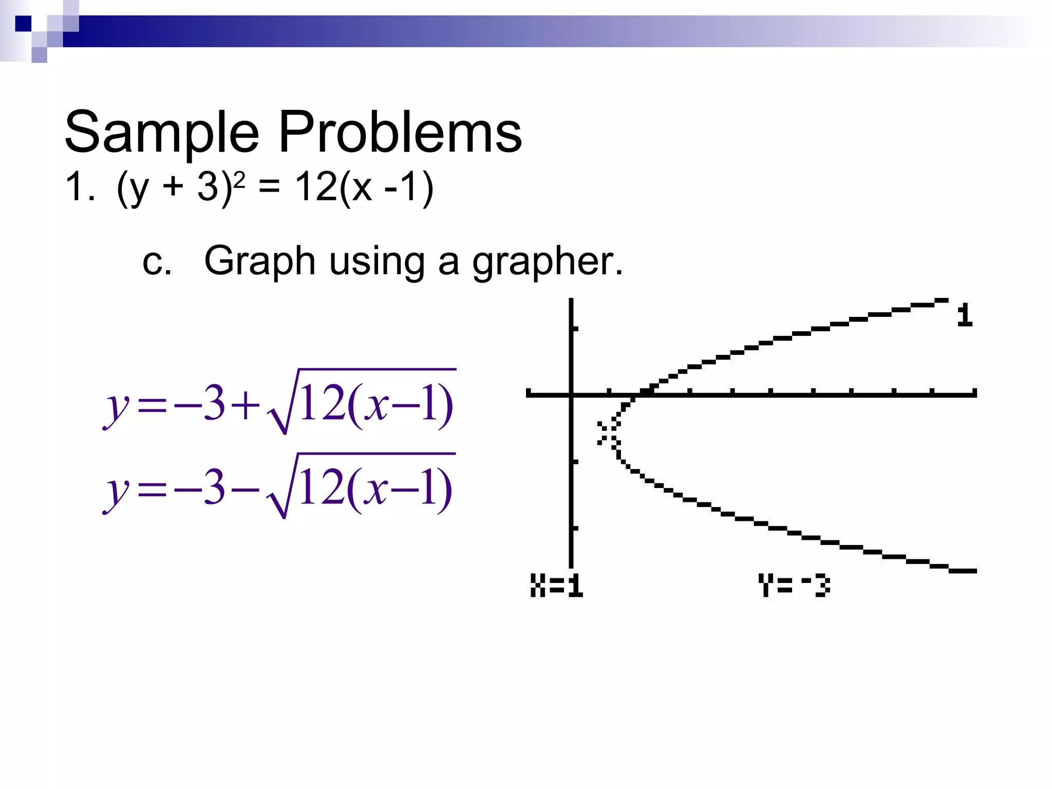 Sample Problems 1. (y + 3) 2  = 12(x -1) c. Graph using a grapher. 