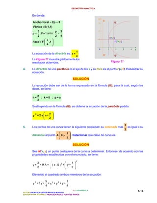 GEOMETRÍA ANALÍTICA


        En donde:

         Ancho focal = 2p = 3
         Vértice : B(1,1)
               3                    p       3
        p=         . Por tanto :        =
               2                    2       4
                       7 
        Foco : F        ,1 
                       4 

                                                         1
        La ecuación de la directriz es: x =
                                                         4
        La Figura 11 muestra gráficamente los
        resultados obtenidos.

4.      La directriz de una parábola es el eje de las x y su foco es el punto F(a,0). Encontrar su
        ecuación.

                                                       SOLUCIÓN

        La ecuación debe ser de la forma expresada en la fórmula (III), para la cual, según los
        datos, se tiene:

               a
        h=          ; k=0 ; p=a
               2

        Sustituyendo en la fórmula (III), se obtiene la ecuación de la parábola pedida:

                             a 
         y = 2 a x -           
           2

                             2 

                                                                                            3
5.      Los puntos de una curva tienen la siguiente propiedad: su ordenada más                  es igual a su
                                                                                            2
                                               1 
        distancia al punto A  0 , -                 . Determinar qué clase de curva es.
                                               2 

                                                       SOLUCIÓN

        Sea M(x, y) un punto cualquiera de la curva a determinar. Entonces, de acuerdo con las
        propiedades establecidas con el enunciado, se tiene:

                                                         2
               3                           21 
         y+        =M A =       ( x -0) + y+ 
               2                            2 

        Elevando al cuadrado ambos miembros de la ecuación:

           2              9             2       1
         y +3 y+              =x2+y +y+
                          4                     4
                                               5. LA PARÁBOLA                                           5-16
AUTOR: PROFESOR JESÚS INFANTE MURILLO
EDICIÓN PARA INTERNET: PROFESOR PABLO FUENTES RAMOS
 