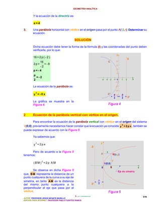 GEOMETRÍA ANALÍTICA


        Y la ecuación de la directriz es:

         x=4

3.      Una parábola horizontal con vértice en el origen pasa por el punto A(-2,4). Determinar su
        ecuación.

                                              SOLUCIÓN

        Dicha ecuación debe tener la forma de la fórmula (I) y las coordenadas del punto deben
        verificarla, por lo que:

        16 = 2 p ( - 2 )
                 16
         2p=          =-8
           -2
        p=-4
         p
             =-2
         2

        La ecuación de la parábola es:

             2
         y =-8x

        La gráfica se muestra en la
        Figura 4.


2       Ecuación de la parábola vertical con vértice en el origen.

        Para encontrar la ecuación de la parábola vertical con vértice en el origen del sistema
V(0,0), previamente necesitamos hacer constar que la ecuación ya conocida y 2 = 2 p x , también se
puede expresar de acuerdo con la Figura 5:

        Ya sabemos que:

             2
         y =2p x

      Pero de acuerdo a la Figura 5
tenemos:

                 2
        (BM) =2p AM

        Se observa en dicha Figura 5
que, B M representa la distancia de un
punto cualquiera de la curva a su eje de
simetría, en tanto A M es la distancia
del mismo punto cualquiera a la
perpendicular al eje que pasa por el
vértice.
                                               5. LA PARÁBOLA                                 5-6
AUTOR: PROFESOR JESÚS INFANTE MURILLO
EDICIÓN PARA INTERNET: PROFESOR PABLO FUENTES RAMOS
 