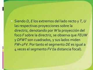  Siendo D, E los extremos del lado recto y T, U
  las respectivas proyecciones sobre la
  directriz, denotando por W la proyección del
  foco F sobre la directriz, se observa que FEUW
  y DFWT son cuadrados, y sus lados miden
  FW=2FV. Por tanto el segmento DE es igual a
  4 veces el segmento FV (la distancia focal).
 