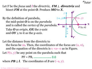 Let F be the focus and l the directrix, FM  directrix and
bisect FM at the point O. Produce MO to X.
By the definition of parabola,
the mid-point O is on the parabola
and is called the vertex of the parabola.
Take O as origin, OX the x-axis
and OY  to it as the y-axis.
Let the distance from the directrix to
the focus be 2a. Then, the coordinates of the focus are (a, 0),
and the equation of the directrix is x +a= 0 as in Figure.
Let P(x, y) be any point on the parabola such that
PF = PB, …………….... (1)
where PB  l. The coordinates of B are (–a, y).
F (a, 0)O
Y’
X
Y
x=-a
M
l
B(-a , y) P (x , y)
© iTutor. 2000-2013. All Rights Reserved
 