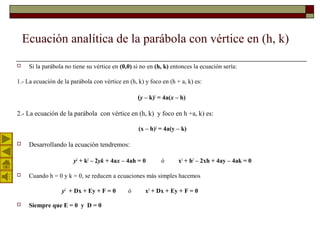  Si la parábola no tiene su vértice en (0,0) si no en (h, k) entonces la ecuación sería:
1.- La ecuación de la parábola con vértice en (h, k) y foco en (h + a, k) es:
(y – k)2
= 4a(x – h)
2.- La ecuación de la parábola con vértice en (h, k) y foco en h +a, k) es:
(x – h)2
= 4a(y – k)
 Desarrollando la ecuación tendremos:
y2
+ k2
– 2yk + 4ax – 4ah = 0 ó x2
+ h2
– 2xh + 4ay – 4ak = 0
 Cuando h = 0 y k = 0, se reducen a ecuaciones más simples hacemos
y2
+ Dx + Ey + F = 0 ó x2
+ Dx + Ey + F = 0
 Siempre que E = 0 y D = 0
Ecuación analítica de la parábola con vértice en (h, k)
 