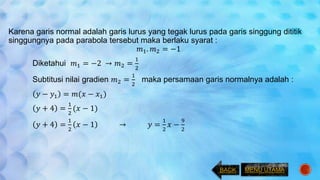 Karena garis normal adalah garis lurus yang tegak lurus pada garis singgung dititik
singgungnya pada parabola tersebut maka berlaku syarat :
𝑚1. 𝑚2 = −1
Diketahui 𝑚1 = −2 → 𝑚2 =
1
2
Subtitusi nilai gradien 𝑚2 =
1
2
maka persamaan garis normalnya adalah :
𝑦 − 𝑦1 = 𝑚(𝑥 − 𝑥1)
𝑦 + 4 =
1
2
(𝑥 − 1)
𝑦 + 4 =
1
2
𝑥 − 1 → 𝑦 =
1
2
𝑥 −
9
2
BACK MENU UTAMA
 