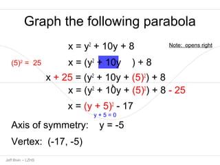 Graph the following parabola 
x = y2 + 10y + 8 
x = (y2 + 10y ) + 8 
x + 25 = (y2 + 10y + (5)2) + 8 
x = (y2 + 10y + (5)2) + 8 - 25 
(5)2 = 25 
1p Jeff Bivin -- LZHS 
x = (y + 5)2 - 17 
y + 5 = 0 
Axis of symmetry: y = -5 
Vertex: (-17, -5) 
Note: opens right 
 