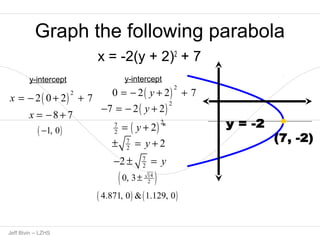 Graph the following parabola 
x = -2(y + 2)2 + 7 
y-intercept y-intercept 
( ) 2 x = - 2 0 + 2 + 7 
( -1, 0) 
1p Jeff Bivin -- LZHS 
( ) 2 0 = - 2 y + 2 + 7 
( ) 2 -7 = - 2 y + 2 
( ) 7 2 
2 = y + 2 
7 
2 ± = y + 2 
-2 ± 7 
= y 
2 ( 0, 3± 
14 ) 
2 ( 4.871, 0) &(1.129, 0) 
x = -8 + 7 
 