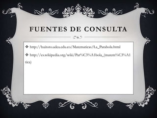 FUENTES DE CONSULTA
 http://huitoto.udea.edu.co/Matematicas/La_Parabola.html
 http://es.wikipedia.org/wiki/Par%C3%A1bola_(matem%C3%A1
tica)
 