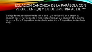 ECUACION CANÓNICA DE LA PARÁBOLA CON
VERTICE EN (0,0) Y EJE DE SIMETRIA AL EJE “Y”
Si el eje de una parábola coincide con el eje 𝑌 , y el vértice está en el origen, su
ecuación es 𝑥 2 = 4𝑝𝑦 en donde el foco es el punto (0, 𝑝), y la ecuación de la directriz
es 𝑦 = −𝑝. Si 𝑝 > 0, la parábola se abre hacia arriba; si 𝑝 < 0, la parábola se abre hacia
abajo.
 