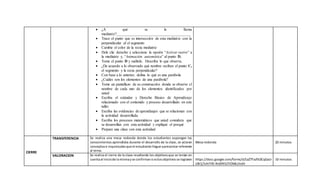  ¿A qué se le llama
mediatriz?_______________________________________
 Trace el punto que es intersección de esta mediatriz con la
perpendicular al el segmento
 Cambie el color de la recta mediatriz
 Dele clic derecho y seleccione la opción “Activar rastro” a
la mediatriz y, “Animación automática” al punto D.
 Tome el punto D y suéltelo. Describa lo que observa.
 ¿De acuerdo a lo observado qué nombre reciben el punto C,
el segmento y la recta perpendicular?
 Con base a lo anterior, defina lo qué es una parábola
 ¿Cuáles son los elementos de una parábola?
 Tome un pantallazo de su construcción donde se observe el
nombre de cada uno de los elementos identificados por
usted
 Escriba el estándar y Derecho Básico de Aprendizaje
relacionado con el contenido y proceso desarrollado en este
taller.
 Escriba las evidencias de aprendizajes que se relacionan con
la actividad desarrollada.
 Escriba los procesos matemáticos que usted considera que
se desarrollan con esta actividad y expliqué el porqué
 Prepare una clase con esta actividad
CIERRE
TRANSFERENCIA Se realiza una mesa redonda donde los estudiantes expongan los
conocimientos aprendidos durante el desarrollo de la clase, se aclaran
conceptose inquietudesque el estudiante llegue apresentar referente
al tema.
Mesa redonda 20 minutos
VALORACION Se realiza el cierre de la clase resaltando los objetivosque se tenían en
cuentaal iniciode lamismayse confirmansi estosobjetivosse lograron https://docs.google.com/forms/d/1aZTFaJfIL0CqGaU-
L0k1j7zArT45-Rrd0YiSJTiOMLI/edit
10 minutos
 