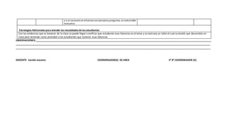y si esnecesariose refuerzanconejemplosypreguntas,se realizataller
evaluativo
Estrategias Adicionales para atender las necesidades de los estudiantes
Con las evidencias que se tomaron de la clase se puede llegara verificar que estudiante tuvo falencias en el tema y se realizara un taller el cual se tendrá que desarrollar en
clase pero teniendo como prioridad a los estudiantes que tuvieron esas falencias
OBSERVACIONES:__________________________________________________________________________________________________________________________________
________________________________________________________________________________________________________________________________________________
________________________________________________________________________________________________________________________________________________
DOCENTE karelis vizcaino COORDINADOR(A) DE AREA V° B° COORDINADOR (A)
 