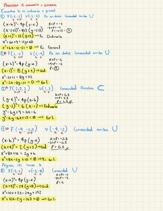 PARÁBOLA Ec.
ORDINARIA Y GENERAL
Encuentra la a. ordinaria y general
① Ffs,
-
2) VFJ,
-
5) Por sus datos : Concavidad arriba U
h KTP h K
(x -
http ( y -
K ) KTP = -2
-
Stp = -2
(X
-
↳DE (y
-
Es)) Ports ③
⇐ ts)
'
-
-
12 ( yts) →
Ec.
Ordinaria
XZT
6×1-9=14760×4-6×-12-51=0 → Ee . General
②④ FLI,
-2 ) VLI,
-
4) Por sus datos concavidad arriba U
h KTP h K
KTP = -2
( X-
h) ?
-
ttply-
K ) -
ftp. -
z
(x-D? 8 Lyta) -
sord.
F- ②
X
'
-2×1-1=841-32
E- 2x -8g -31=0 → Grl .
③MFL 2. 5,3 ) ULI, 3) Concavidad Derecha CE
htp K h K
htp-2.es
ITP = 2.5
(
y-kf-4plx.tn/p=i.sN-
( y -35=64 -
1) Ordinaria
y
'
-
Gyt 9=6×-6
5- Gy -6×1-15=0 → Grl.
④OFL-4
,
-2.5 ) v (-4-3) Concavidad arriba U
h KTP h K
(X-
h)?
4g (y
-
a) KHE -2.5
-
ztp =
-265
(
xttf-2lytsl-ord.p-0.es#X2t8Xtl6--2yt6X2t8X-2ytl0=0-7Ea. Carl.
Página 131 Inciso b
⑤ El-5,
-2 ) vts,
-
8) Concavidad U
h KTP h K kt F- -2
(X-
h)?
4g (y
-
K )
-
Eta
-
r
f- 6
(XTSJ-
-2441-8) -20rad.
XZHOX 1-25=2rayt 192
XZTIOX-2g -
167=0-3 Grl.
 