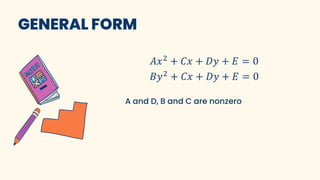 GENERAL FORM
𝐴𝑥2 + 𝐶𝑥 + 𝐷𝑦 + 𝐸 = 0
𝐵𝑦2
+ 𝐶𝑥 + 𝐷𝑦 + 𝐸 = 0
A and D, B and C are nonzero
 