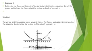  Example 2:
 Determine the focus and directrix of the parabola with the given equation. Sketch the
graph, and indicate the focus, directrix, vertex, and axis of symmetry.
1.
Solution:
The vertex and the parabola opens upward. From . The focus, units above the vertex, is .
The directrix, 3 units below the vertex, is. The axis off symmetry is .
 