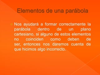    Nos ayudará a formar correctamente la
    parábola     dentro    de    un    plano
    cartesiano, si alguno de estos elementos
    no    coinciden     como     deben    de
    ser, entonces nos daremos cuenta de
    que hicimos algo incorrecto.
 