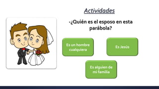 Actividades
-¿Quién es el esposo en esta
parábola?
Es un hombre
cualquiera
Es Jesús
Es alguien de
mi familia
 