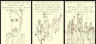 O servo contou ao seu
mestre o que
aconteceu, e ele ficou
muito irritado.
Ele disse: Vá o mais
rápido possível às ruas e
becos da cidade! Traga
todos que sejam pobres ou
aleijados, cegos ou
mancos.
Quando o servo voltou lhe
disse:
“Mestre, fiz o que você
me pediu, e ainda há
espaço no salão para mais
pessoas”
 