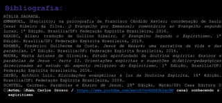 BÍBLIA SAGRADA.
EMMANUEL, (Espírito); na psicografia de Francisco Cândido Xavier; coordenação de Saulo
Cesar Ribeiro da Silva. O Evangelho por Emmanuel: comentários ao Evangelho segundo
Lucas. 1ª Edição. Brasília/DF: Federação Espírita Brasileira, 2016.
KARDEC, Allan; tradução de Guillon Ribeiro. O Evangelho Segundo o Espiritismo. 1ª
Edição. Brasília/DF: Federação Espírita Brasileira, 2019.
KREMER, Frederico Guilherme da Costa. Jesus de Nazaré: uma narrativa da vida e das
parábolas. 1ª Edição. Brasília/DF: Federação Espírita Brasileira, 2016.
MOURA, Marta Antunes de Oliveira. Estudo aprofundado da doutrina espírita: Ensinos e
parábolas de Jesus – Parte II. Orientações espíritas e sugestões didático-pedagógicas
direcionadas ao estudo do aspecto religioso do Espiritismo. 1ª Edição. Brasília/DF:
Federação Espírita Brasileira, 2016.
SAYÃO, Antônio Luiz. Elucidações evangélicas à luz da Doutrina Espírita. 16ª Edição.
Brasília/DF: Federação Espírita Brasileira, 2019.
SCHUTEL, Cairbar. Parábolas e Ensino de Jesus. 28ª Edição. Matão/SP: Casa Editora O
Clarim, 2016.
Bibliografia:
Autor: Juan Carlos Orozco / https://www.youtube.com/watch?v=6GP43bIac9M canal conhecendo o
espiritismo
 