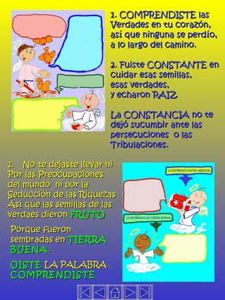 1. COMPRENDISTE las  Verdades en tu corazón, así que ninguna se perdío, a lo largo del camino. 2. Fuiste CONSTANTE en  cuidar esas semillas,  esas verdades,  y echaron RAIZ La CONSTANCIA no te dejó sucumbir ante las  persecuciones  o las  Tribulaciones. No te dejaste llevar ni Por las Preocupaciones del mundo  ni por la  Seducción de las Riquezas Así que las semillas de las verdaes dieron  FRUTO Porque fueron  sembradas en  TIERRA BUENA. OISTE  LA PALABRA  COMPRENDISTE 