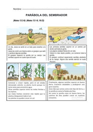 Nombre: ------------------------------------------------------------------------------
PARÁBOLA DEL SEMBRADOR
(Mateo 13:3-9): (Mateo 13:1-9, 18-23)
Rocoso.
 