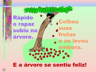Rápido
o rapaz
subiu na
árvore.

21

Colheu
suas
frutas
e as levou
embora.

E a árvore se sentiu feliz!

 
