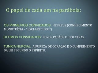 O papel de cada um na parábola:

OS PRIMEIROS CONVIDADOS: HEBREUS (CONHECIMENTO
MONOTEÍSTA – “EXCLARECIDOS”)

ÚLTIMOS CONVIDADOS: POVOS PAGÃOS E IDÓLATRAS.

TÚNICA NUPCIAL: A PUREZA DE CORAÇÃO E O CUMPRIMENTO
DA LEI SEGUNDO O ESPÍRITO.
 