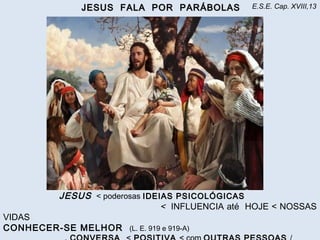 JESUS FALA POR PARÁBOLASJESUS FALA POR PARÁBOLAS E.S.E. Cap. XVIII,13
JESUS < poderosas IDEIAS PSICOLÓGICASIDEIAS PSICOLÓGICAS
< INFLUENCIA até HOJE < NOSSAS
VIDAS
CONHECER-SE MELHOR (L. E. 919 e 919-A)
 