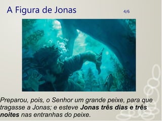 A Figura de Jonas 4/6
Preparou, pois, o Senhor um grande peixe, para que
tragasse a Jonas; e esteve Jonas três dias e três
noites nas entranhas do peixe.
 