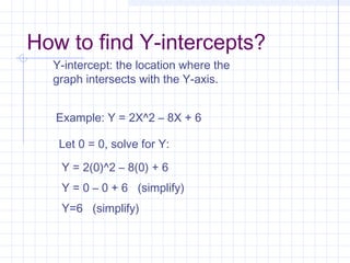 How to find Y-intercepts?
Y-intercept: the location where the
graph intersects with the Y-axis.
Example: Y = 2X^2 – 8X + 6
Let 0 = 0, solve for Y:
Y = 2(0)^2 – 8(0) + 6
Y = 0 – 0 + 6 (simplify)
Y=6 (simplify)
 