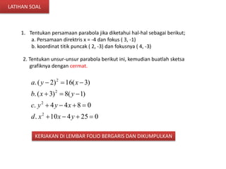 LATIHAN SOAL 
1. Tentukan persamaan parabola jika diketahui hal-hal sebagai berikut; 
a. Persamaan direktris x = -4 dan fokus ( 3, -1) 
b. koordinat titik puncak ( 2, -3) dan fokusnya ( 4, -3) 
2. Tentukan unsur-unsur parabola berikut ini, kemudian buatlah sketsa 
grafiknya dengan cermat. 
2 
a y x 
. (  2)  16(  
3) 
2 
b x y 
. ( 3) 8( 1) 
2 
   
c y y x 
. 4 4 8 0 
2 
    
d x x y 
.  10  4  25  
0 
KERJAKAN DI LEMBAR FOLIO BERGARIS DAN DIKUMPULKAN 
