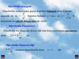 Hiperboln K??egeni Hiperboln merkezinden ge?en do?rulara  k??egen  denir.E?imleri  aras?nda  m 1  .m 2  =  ba??nt?s? bulunan  y = m.x  ve  y =  . X k??elerine de  e?lenik k??egenler  ad? verilir. Hiperboln Parametresi Hiperboln bir oda??nda eksene dik olan kiri? uzunlu?una  parametre  denir.  d?r.  Hiperboln D??merkezli?i oran?na d??merkezlik denir.  e > 1  d?r. , 