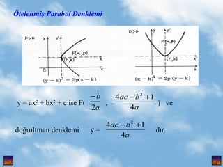 ?telenmi? Parabol Denklemi y = ax 2  + bx 2  + c ise F(  ,  )  ve  do?rultman denklemi  y =  d?r. , 
