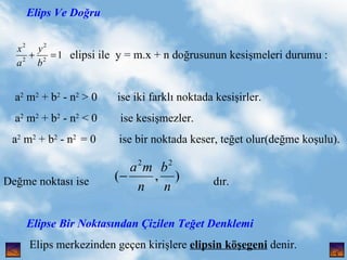 Elips Ve Do?ru elipsi ile  y = m.x + n do?rusunun kesi?meleri durumu : a 2  m 2  + b 2  - n 2  > 0  ise iki farkl? noktada kesi?irler. a 2  m 2  + b 2  - n 2  < 0  ise kesi?mezler. a 2  m 2  + b 2  - n 2  = 0  ise bir noktada keser, te?et olur(de?me ko?ulu). De?me noktas? ise  d?r.  Elipse Bir Noktas?ndan ?izilen Te?et Denklemi Elips merkezinden ge?en kiri?lere  elipsin k??egeni  denir. , 