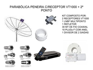 PARABÓLICA PENEIRA C/RECEPTOR VT1000 + 2º PONTO KIT COMPOSTO POR: 2 RECEPTORES VT1000 1 LNBF MULTIPONTO 1 REFLETOR 30 MT DE FIO COAXIAL 10 PLUGs F COM ANEL 1 DIVISOR DE 2 SAIDAS 