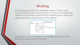 Working
The operating principle of a parabolic antenna is that a point
source of radio waves at the focal point in front of a paraboloidal
reflector of conductive material will be reflected into a collimated
plane wave beam along the axis of the reflector.
Conversely, an incoming plane wave parallel to the axis will be
focused to a point at the focal point.
 