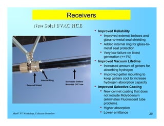 Receivers
                 New Solel UVAC HCE
                                                             •   Improved Reliability
                                                                  • Improved external bellows and
                                                                    glass-to-metal seal shielding
                                                                  • Added internal ring for glass-to-
                                                                    metal seal protection
                                                                  • Very low failure on latest
                                                                    generation (<<1%)
                                                             •   Improved Vacuum Lifetime
                                                                  • Increased amount of getters for
                                                                    absorbing hydrogen
                                                                  • Improved getter mounting to
                                                                    keep getters cool to increase
                         Internal Ring
                                         Increased Getters
                                                                    hydrogen absorption capacity
                                         Mounted Off Tube
           External Shield
                                                             •   Improved Selective Coating
                                                                  • New cermet coating that does
                                                                    not include Molybdenum
                                                                    (eliminates Fluorescent tube
                                                                    problem).
                                                                  • Higher absorption
Mar07 PT Workshop_Collector Overview                              • Lower emittance                 29
 