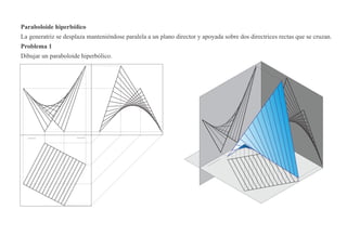 Paraboloide hiperbólico
La generatriz se desplaza manteniéndose paralela a un plano director y apoyada sobre dos directrices rectas que se cruzan.
Problema 1
Dibujar un paraboloide hiperbólico.
 