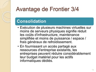 Avantage de Frontier 3/4
Consolidation
• Exécution de plusieurs machines virtuelles sur
moins de serveurs physiques signifie réduit
les coûts d'infrastructure, maintenance
simplifiée et moins de puissance / espace /
frais généraux de refroidissement.
• En fournissant un accès partagé aux
ressources d'entreprise existants, les
entreprises peuvent réduire considérablement
leur budget matériel pour les actifs
informatiques dédiés.
13
 