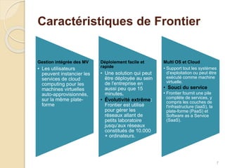 Caractéristiques de Frontier
Gestion intégrée des MV
• Les utilisateurs
peuvent instancier les
services de cloud
computing pour les
machines virtuelles
auto-approvisionnés,
sur la même plate-
forme
Déploiement facile et
rapide
• Une solution qui peut
être déployée au sein
de l'entreprise en
aussi peu que 15
minutes.
• Évolutivité extrême:
Frontier est utilisé
pour gérer les
réseaux allant de
petits laboratoire
jusqu’aux réseaux
constitués de 10.000
+ ordinateurs.
Multi OS et Cloud
• Support tout les systèmes
d’exploitation ou peut être
exécuté comme machine
virtuelle.
• Souci du service
• Frontier fournit une pile
complète de services, y
compris les couches de
l'infrastructure (IaaS), la
plate-forme (PaaS) et
Software as a Service
(SaaS).
7
 