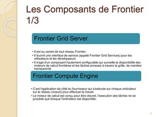 Les Composants de Frontier
1/3
Frontier Grid Server
• Il est au centre de tout réseau Frontier.
• Il fournit une interface de service (appelé Frontier Grid Services) pour les
utilisateurs et les développeurs
• Il s'agit d'un composant hautement configurable qui surveille la disponibilité des
moteurs de calcul frontières et les tâches annexes à travers la grille, de manière
transparente
Frontier Compute Engine
• C’est l'application de côté du fournisseur qui s'exécute sur chaque ordinateur
sur le réseau (noeud) pour effectuer le travail.
• Le moteur de calcul est conçu pour être discret, l’execution des tâches ne se
procède que lorsque l'ordinateur est disponible.
8
 